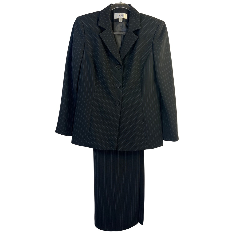 Le Suit Petite Womens Black Blue Pinstripe Fitted Blazer Wide Leg Pant Suit 10P